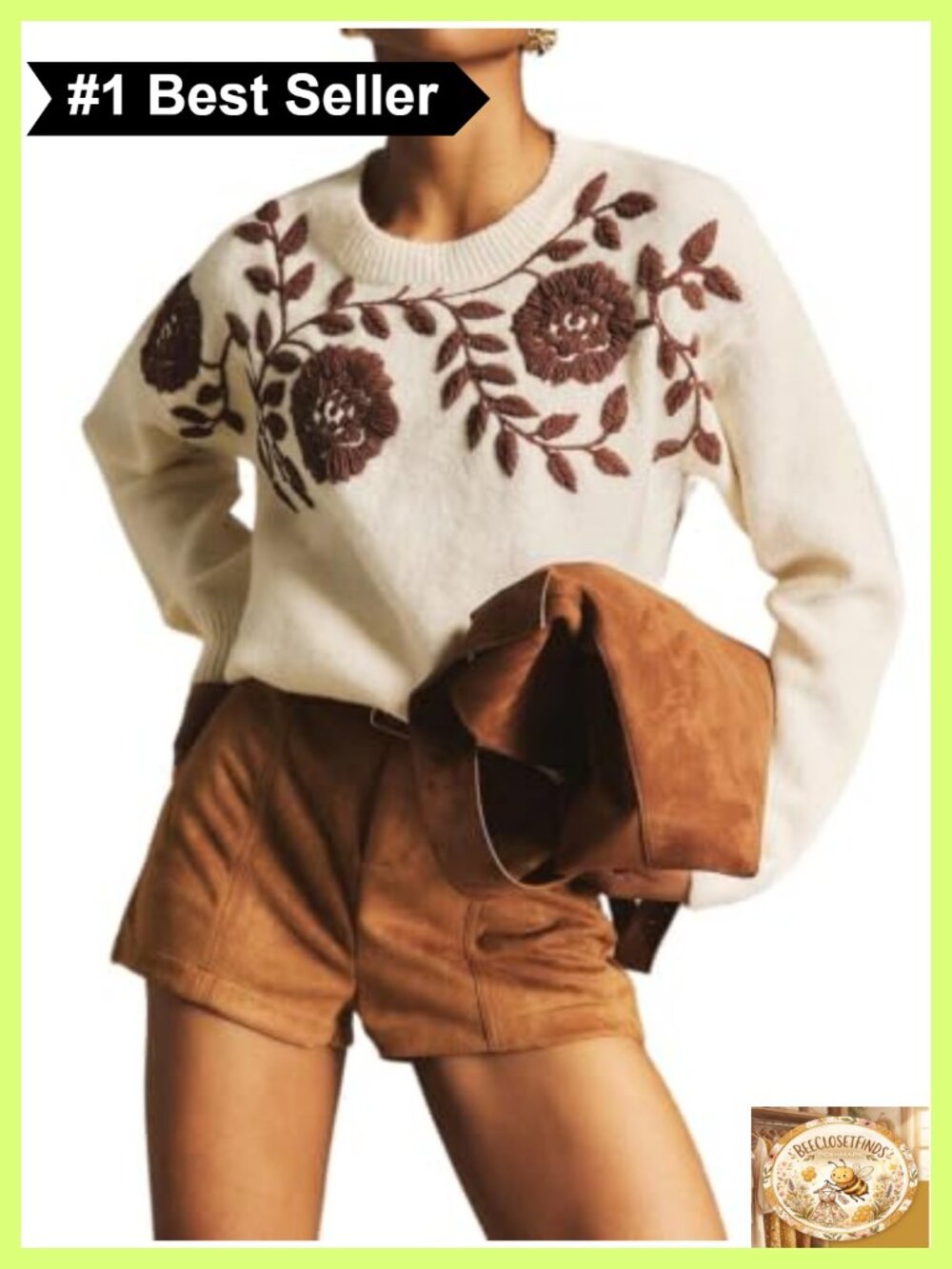 Women's Boho Vintage Floral Embroidered Pullover Sweater Loose Knit